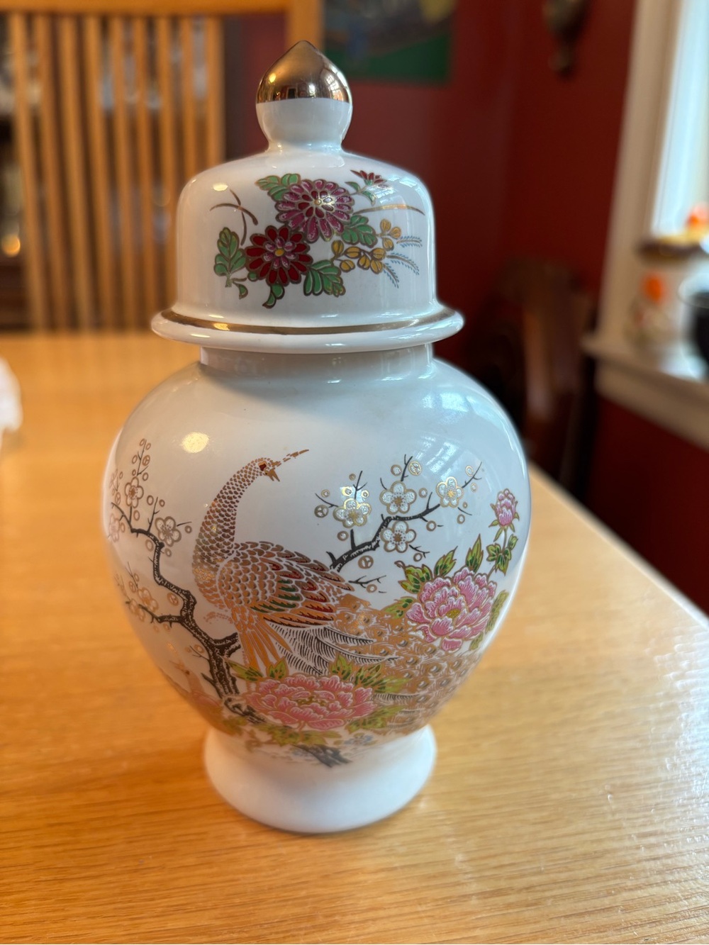 6 " JAPANESE GINGER JAR WITH PEACOCK & FLORAL DESIGN
